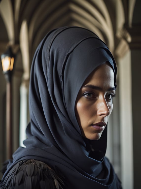 hyper-realistic, ultra-detailed photograph Portrait of a Beautiful women with big black crow feathers wearing black hijab in the Renaissance ottoman mosque background, detailed gorgeous face, depth of field, HOF, hall of fame,
