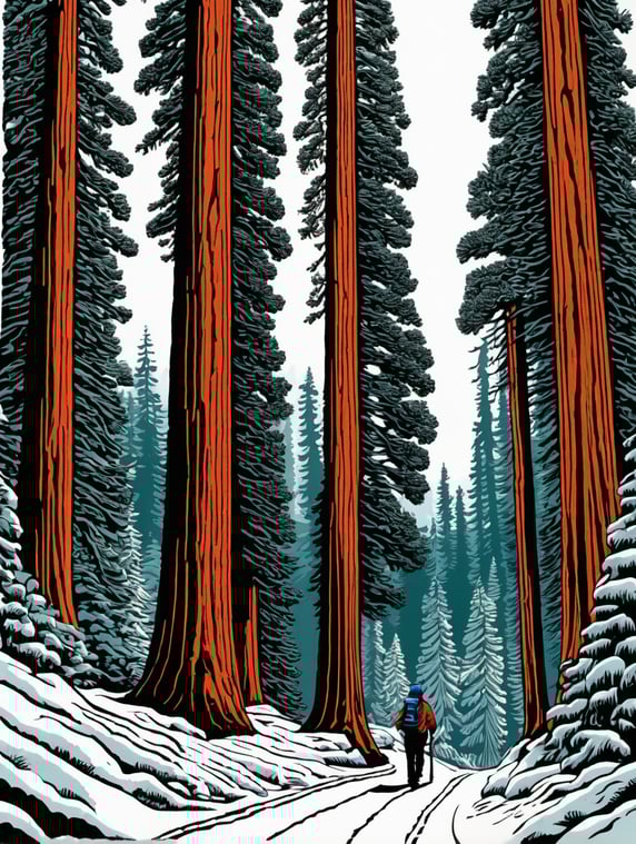 Beautiful linocut illustration of a giant sequoia forest in the snow, a person walking on a trail