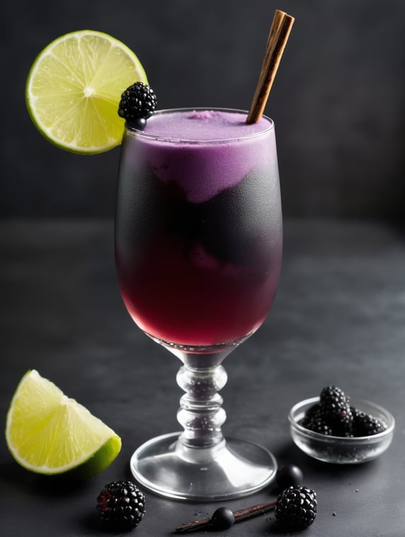 create a realistic image for this cocktail   - 2 oz Añejo Tequila - 1 2 oz Crème de Violette - 3 4 oz Fresh Lime Juice - 1 2 oz Charcoal-Activated Simple Syrup - 1 4 oz Absinthe - A pinch of Black Lava Salt - Activated Charcoal Powder (edible) - Garnish: Blackberry skewer and a sprig of mi