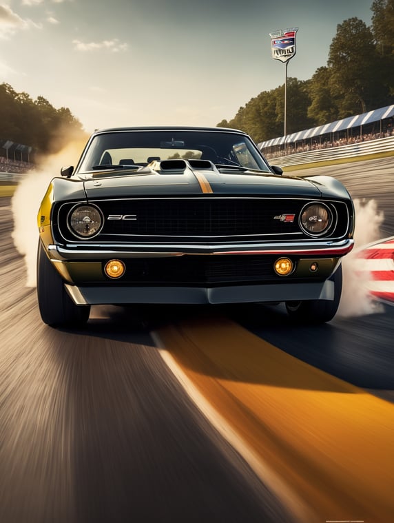 A video game rendering of an epic race track, Asphalt American chevrolet camaro 1969's car, incredible graphics, 4k