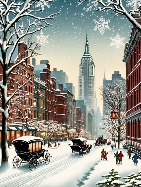 New York vintage Christmas postcard illustration brimming with nostalgic winter scenes, adorned with sleigh bells and delicate snowflakes