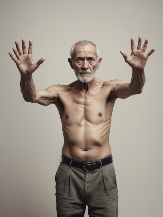 Creepy old man with no shirt reaching his hands palms out to foreground