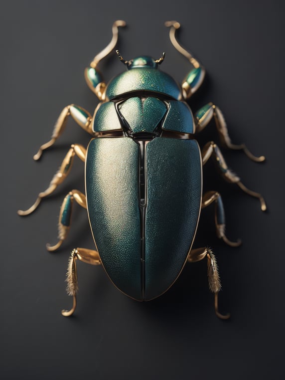 beautiful beetle, metallic, gold and green with flecks of turquoise, black background, incredibly detailed, overhead view, vibrant, dramatic lighting