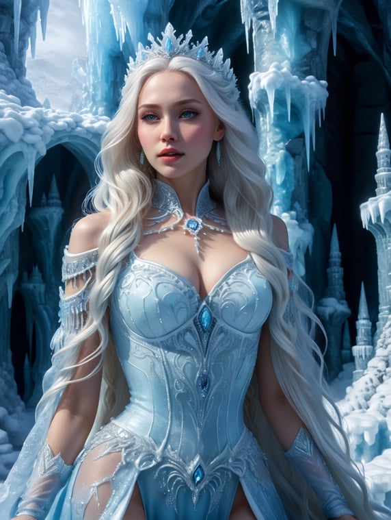 Ice princess living in ice castle. She is beautiful with white long hairIce princess living in ice castle. She is beautiful with white long hair