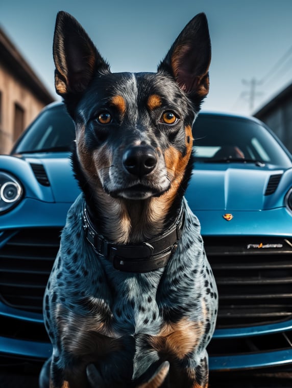 cyberpunk blue heeler with a black spot in the left eye in front of a cyberpunk porsche