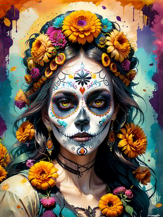 majestic Day of the Dead offering with marigold flowers, puff pastries, lots of fruit and sugar skulls celebrated in Mexico with a mystical background on the way to Mictlan in honor of José Guadalupe Posada; majestuosa ofrenda de dia de muertos con flores de cempasúchil, hojaldras, mucha fruta y calaveritas de azúcar celebrado en méxico con un fondo místico de camino al mictlan en honor a josé guadalupe posada