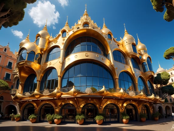 dream prompt: large viewing angle lens of a gold palette hyper realistic neocosmic luxury exterior architecture of a restaurant lines Fluid gold facade, Antoni Gaudi Berndnaut Smilde Dale Chihuly architectural art styles, sahara ambient, sunny day, in rome city, blue sky, hyper detailed, natural light, camera nikon, 8k, --s1000 --style original