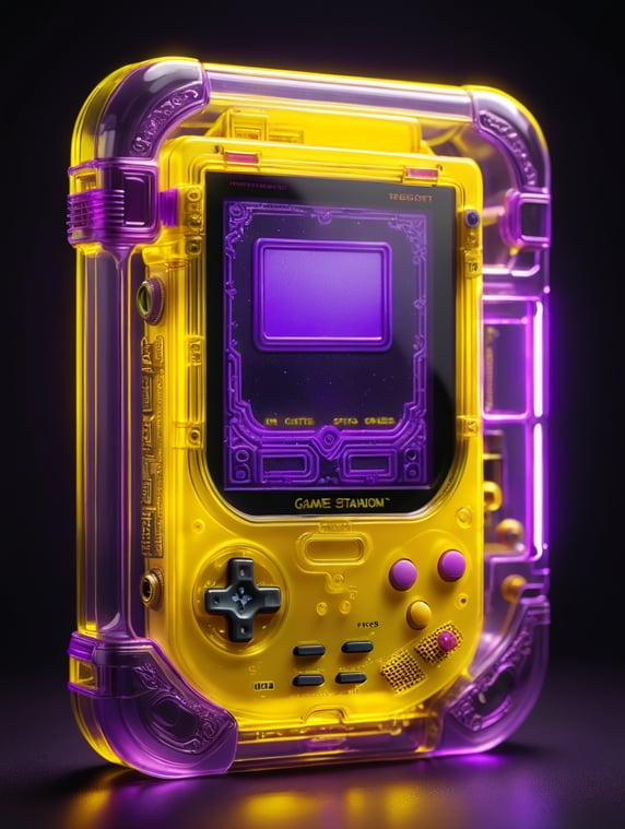 3d render retro tiny cute yellow game boy translucent plastic case, neon light, purple background