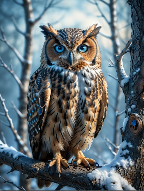 a beautiful owl with blue eyes sitting on a tree in winter
