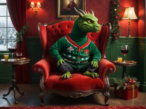 Green Draco seating on a red velour sofa. Draco wear a red christmas sweater.Draco wear a glasses and has a glass of red wine. It has a christmas interior. A backside wall has a picture with Poutin's portrait