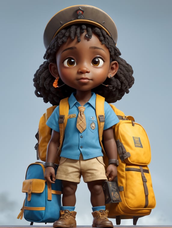 Student with black skin, full body, with scout hat; Estudante com pele negra, de corpo inteiro, com chapéu de escoteiro