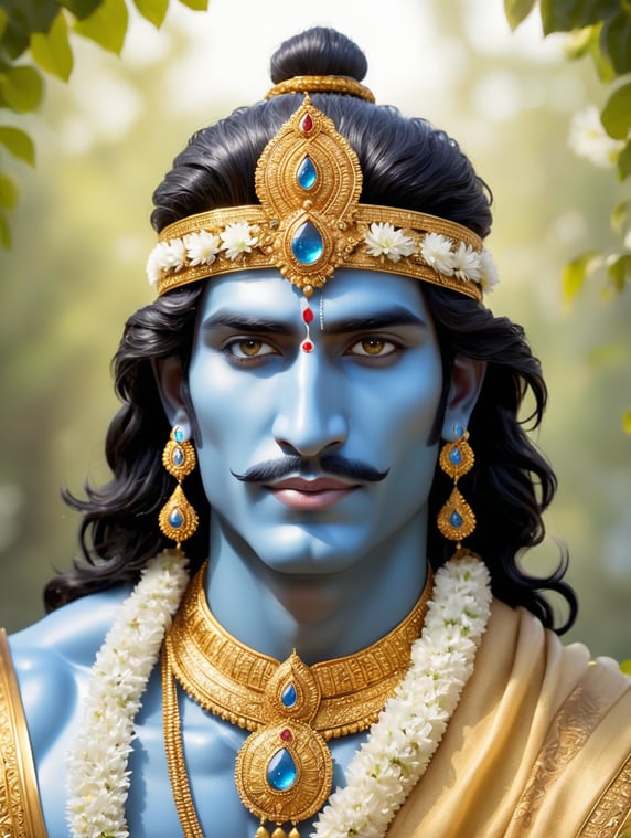 A full grown-up and manly Lord KRISHNA gazing us with SERENE eyes and a light smile. His skin is a beautiful light blue, his eyes are dark brown, he has Indian jewelry and also a necklace made of white flowers around his neck. He has medium lenght black hair and is wearing golden earrings. On his head, a golden Indian style crown. His clothes are mostly yellow. Natural but blurred scene on the background.