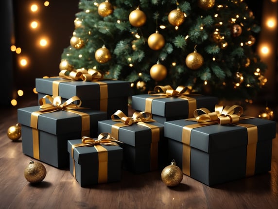 Christmas gift boxes with Christmas trees golden Christmas balls and Christmas lights