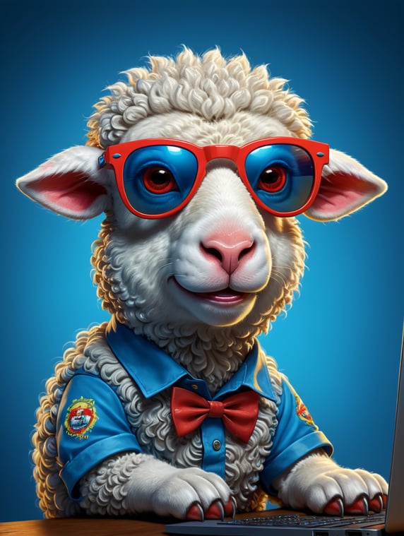 cute cartoon sheep sitting front of a dell laptop, flipped keyboard, programmer, wearing red sunglasses and a blue shirt, Vivid saturated colors, Contrast color, blue background