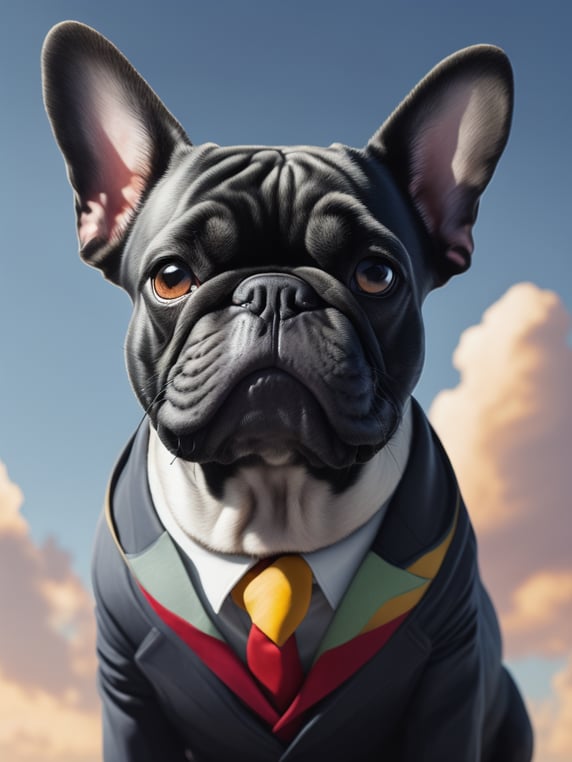 A painting of a cute french bulldog in the sky, wearing a suit, natural light, with bright colors, by studio ghibli