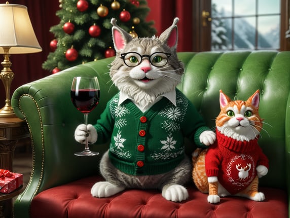 a cheerful and laughing cat of white and red color, in a red New Year's knitted sweater with deer, the cat has a white beard and mustache, round glasses on his face. the cat is sitting on a green velvet sofa, holding a glass of red wine in his right paw. There are gift boxes with red and green bows around the sofa. A small green dragon sits nearby and holds a bottle of red wine.; веселый и смеющийся кот бело-рыжего цвета, в красном новогоднем вязаном свитере с оленями, на котике белая борода и усы, на морде очки круглые. котик сидит на зеленом, бархатном диване, держит в правой лапке бокал с красным вином. вокруг дивана стоят подарочные коробки с красными и зелеными бантами. Рядом сидит небольшой зеленый дракон, который держит бутылку красного вина