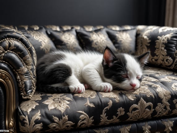Small black and white kitten asleep on a large, simple fabric sofa.