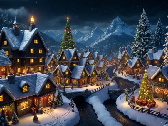 Snowy christmas night village with a focus on santa clause , christmas tree