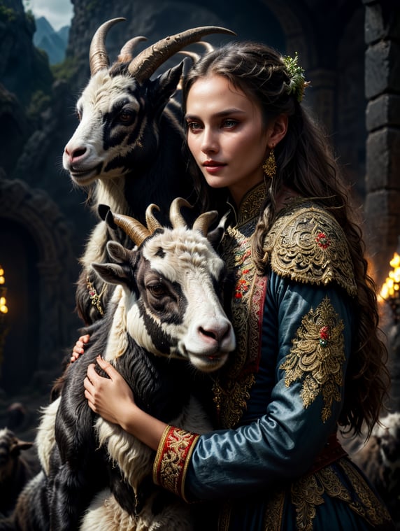 Portrait of a Beautiful women from Russian fairytale wearing traditional costume hugging a goat