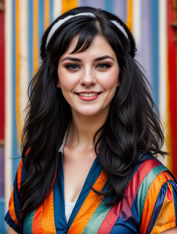 Portrait of a woman with black hair, hair up, white streak in hair, chubby face, laughing mouth, wearing white bandages, goth eye makeup, pale white skin, with castle and moon in background