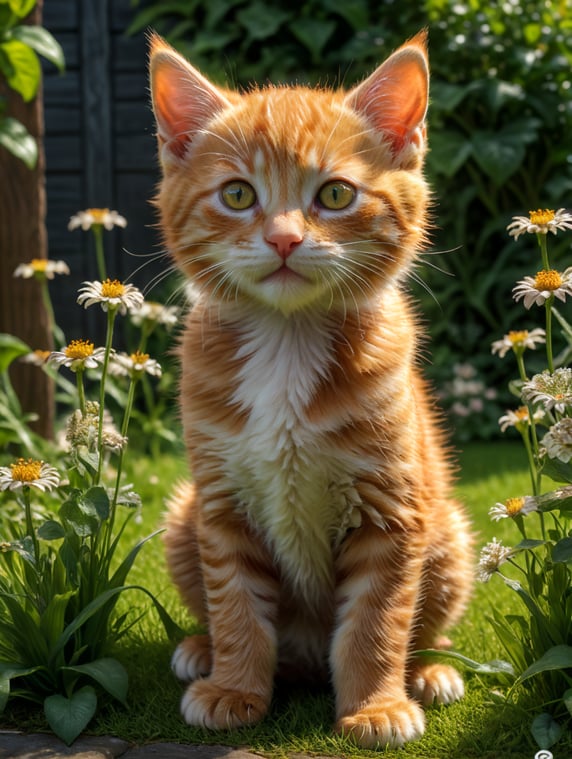 Small ginger kitten sitting on the grass in a small English garden. In the summer sun. Viewed from ground level.