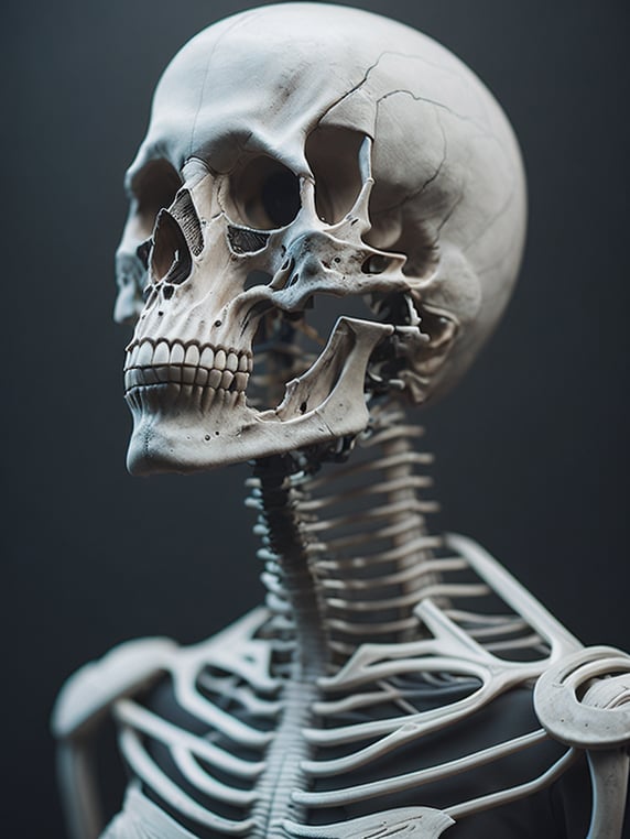 Portrait of a skeleton wearing a sui, gradient cloud background