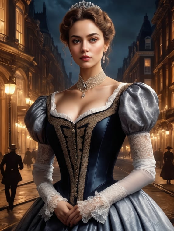Detailed close-up portrait, front view, waist-high portrait of a handsome powerful 28-year-old woman in the image of an elegant aristocrat in a luxurious Victorian s clothes, in the background a night street of Victorian London, high detail, high contrast and clarity, octane rendering, book cover, concept art, artistic, 8k, photography, photorealism, dramatic, romantic, gothic, epic, cinematic lighting