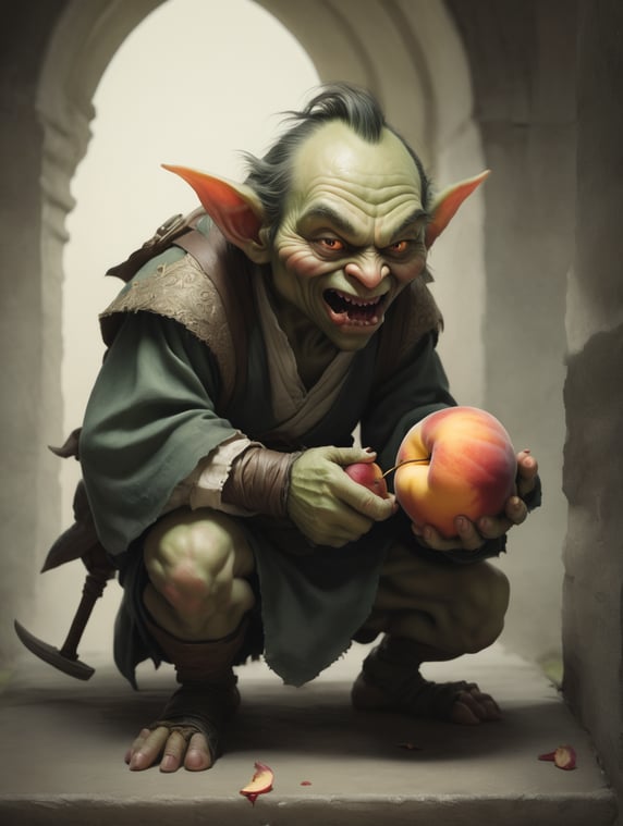a goblin stealing a peach that bleeds; un duende robando una durazno que sangre
