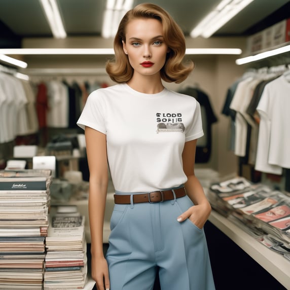 Extremely detailed photographic image, grained image, beautifully composed, monochrome image, 50's fashionable image, fashionable magazine photography, leica summicron 35mm f2.0, kodak 400tx, fashion photography, fashionable model, william s. burroughs, Woman wearing blank white T-Shirt in Clothing Store Mockup, mock up