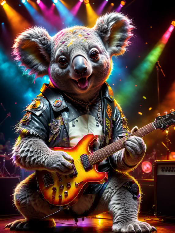 A rocker koala with an electric guitar, a concert scene and colored lights; Un koala roquero con una guitarra eléctrica, escena de un concierto y luces de colores