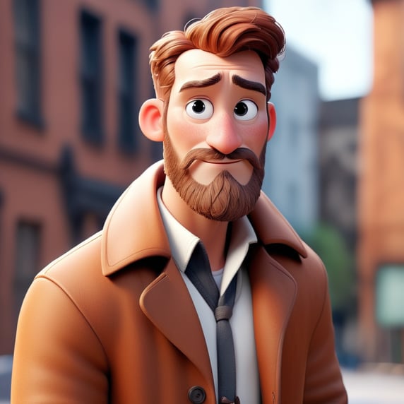 man with auburn hair and beard wearing a caramel coat, with white shirt.