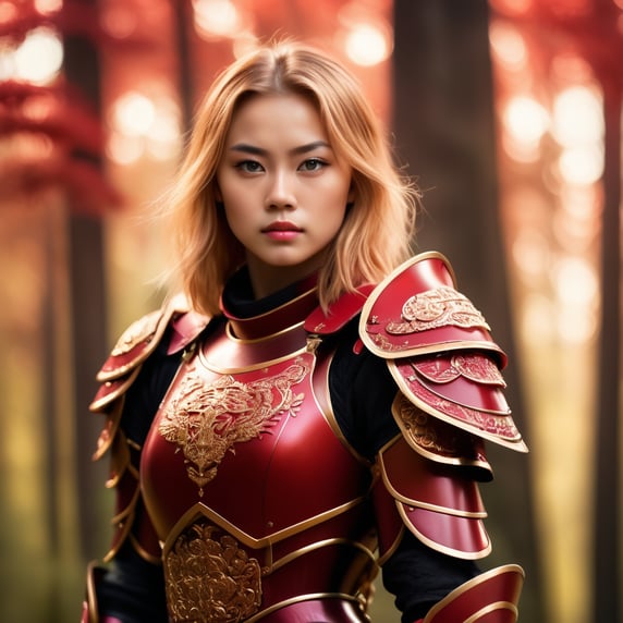 A young beautiful girl in red samurai armor and golden hair against the backdrop of a forest in red-burgundy tones, blurred background, focus on the girl, detailed armor, Dramatic Lighting, Depth of field, Incredibly high detailed