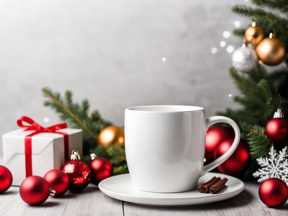 blank White ceramic mug, Christmas style photo, mock up, mockup