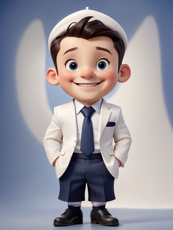Male orthodox religious jewish boy with white skin, smiling, full body, wearing a navy suit and tie and a navy yarmulke.