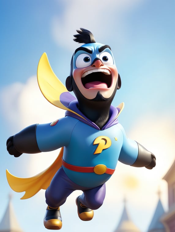 linux penguin superhero costume, flying through the sky, morning light
