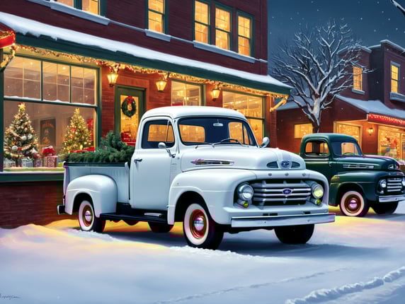 A simple flat Christmas card style illustration of a white Ford 1950’s pick up truck in the snow parked in front of a row of stores