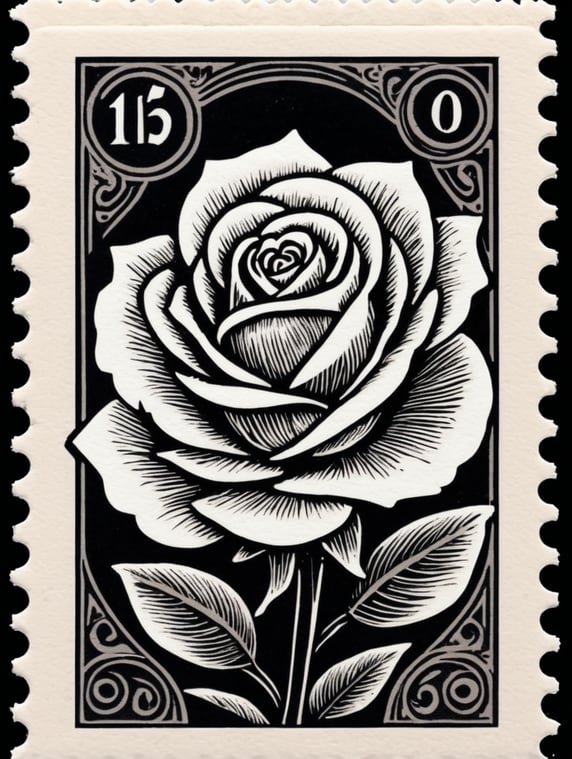 Black and white linocut postage stamp king with rose thick bold dark lines