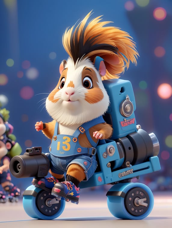 guinea pig on roller skates with a mohawk in shorts and a machine gun; морская свинка на роликах с ирокезом в трусах и пулеметом
