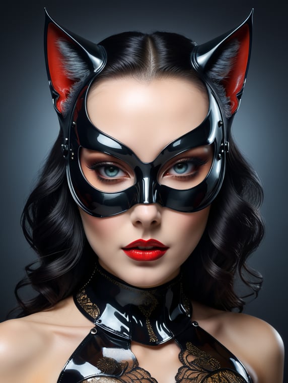 Front portrait photography, transparent dark plexiglass printed with dots colors cat woman mask, an attractive, 80 degree view, art by sergio lopez, natalie shau, james jean and salvador dali