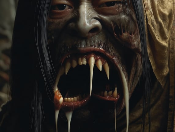 Kuchisake-onna smiling with Slit-Mouthed and razor sharp teeth Ying and yang in the background Rotting flesh ,hored of flesh horror, ironic, creepy, scary caricature, satire, hyperdetailed illustration by Brian Bolland and iconic, hyperdetailed, digital illustration by Derek Riggs, (iconic, hyperdetailed, haunting digital illustration by Zdzisław Beksiński and Peter Gric. ) and artist Vincent Locke