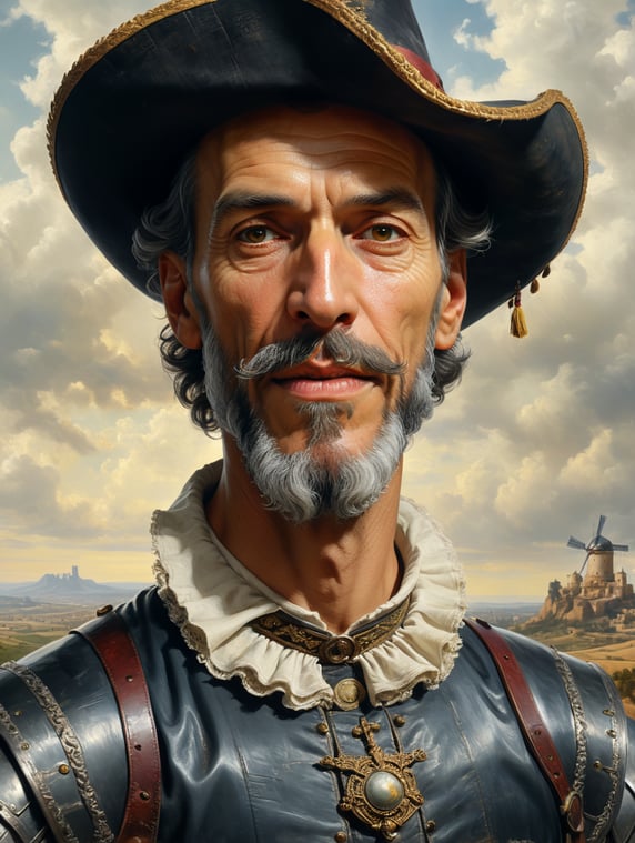 portrait of "Don Quixote", with a lechuguilla collar, and hat like the reference image, a little drunk, drinking wine, with a background landscape of Toledo, typical white mills of Castilla-La Mancha in the background of the landscape, in a baroque atmosphere, in the style of Velazquez; retrato de "el Quijote", con cuello de lechuguilla, y sombrero como la imagen de referencia, un poco borracho, bebiendo vino, con paisaje de fondo de Toledo, molinos blancos típicos de Castilla-La Mancha en el fondo del paisaje, en una atmósfera barroca, en estilo de Velazquez
