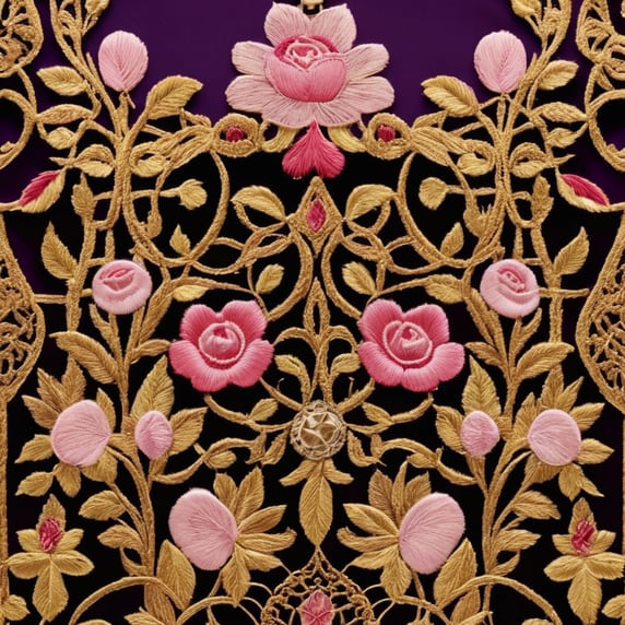 detail of a fretwork embroidered in golden thread, typical of Semana Santa, from Seville, surrounded by rose petals, bright and saturated colours, elegant, very detailed, vogue, fashion magazine, sharp focus, bright and expressive make-up, spectacular lighting, depth of field, amazingly detailed