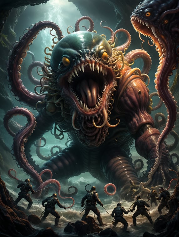a worm attacking a humanoid octopus