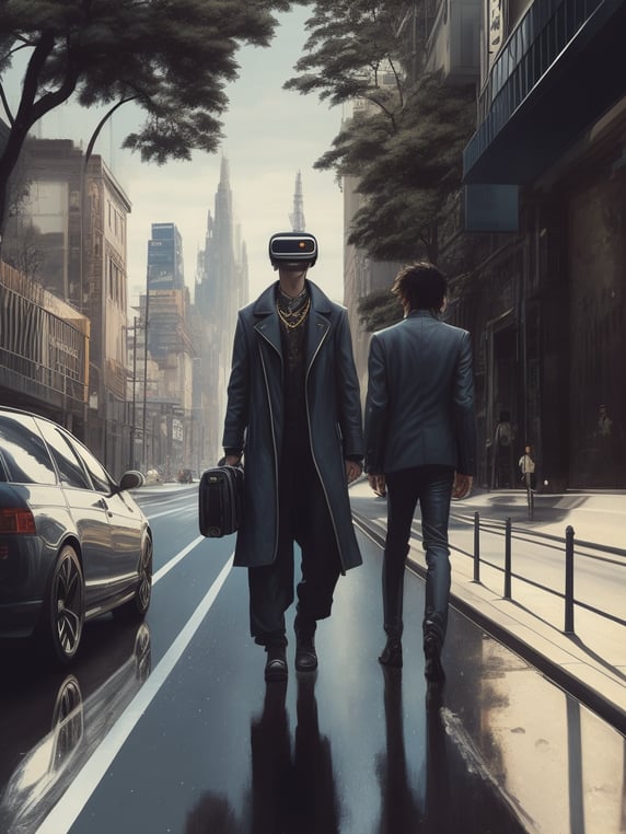 Vintage 90's anime style. a lonely men wearing a virtual reality headset walking down the by hajime sorayama, greg tocchini, virgil finlay, sci-fi. line art. environmental arcade art.