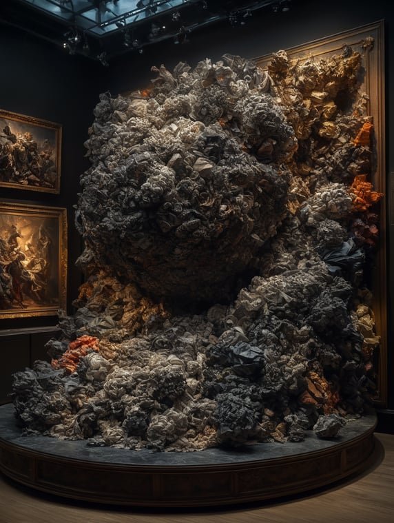 3d soft cloth abstract objects colliding in the a museum