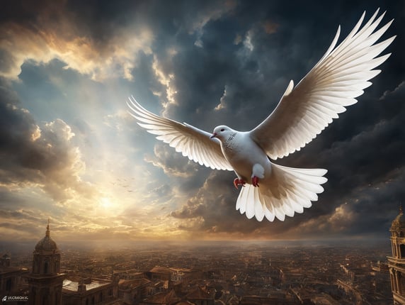 dove flying in open heavens with clouds and light