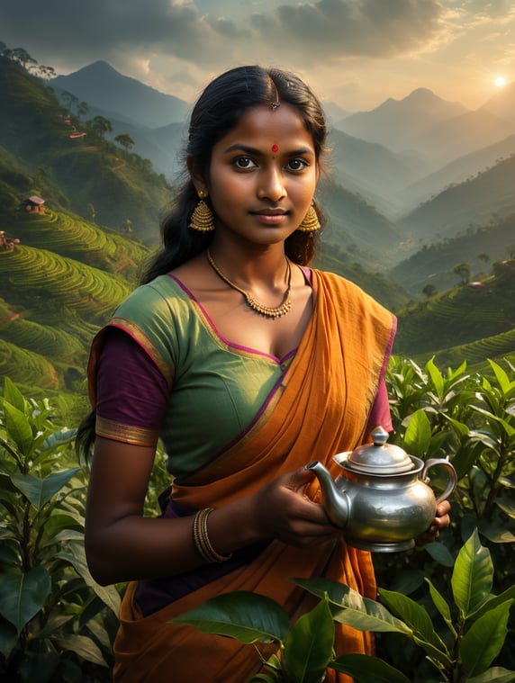 Portrait of a young, dusky and beautiful girl tea farmer from south India in a folk Indian d Dramatic Lighting, Depth of field,a tea mountain in the backdrop Incredibly high detailed,holding fresh tender tea leaves in a hand