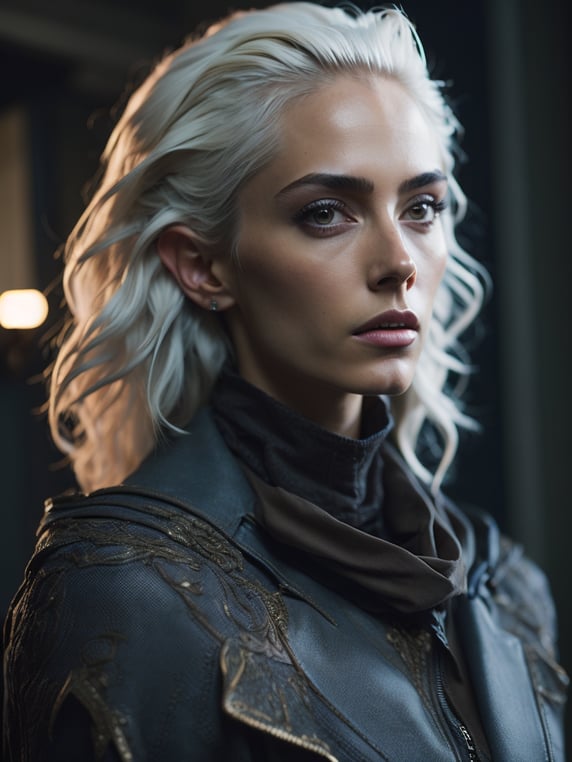 woman, white hair, black eyes, elf, tattoo