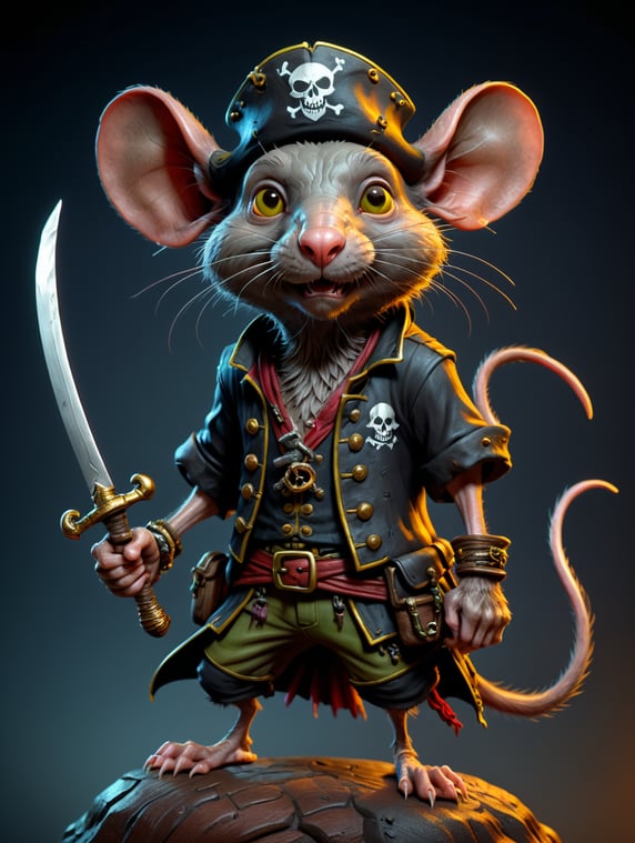 stlized cartoon skinny rat pirate, stay center, full size, sculpt cartoon style stylized zbrush render