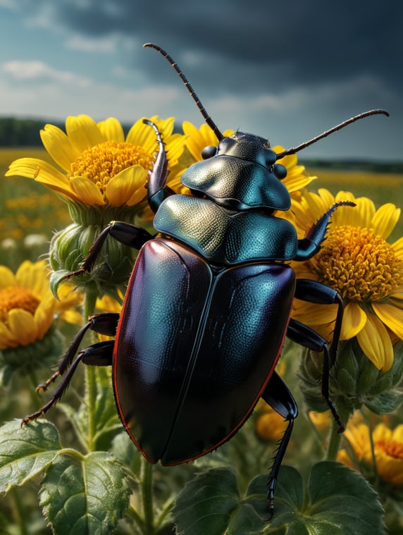 photograph of a close-up on a beetle on a flower in a field